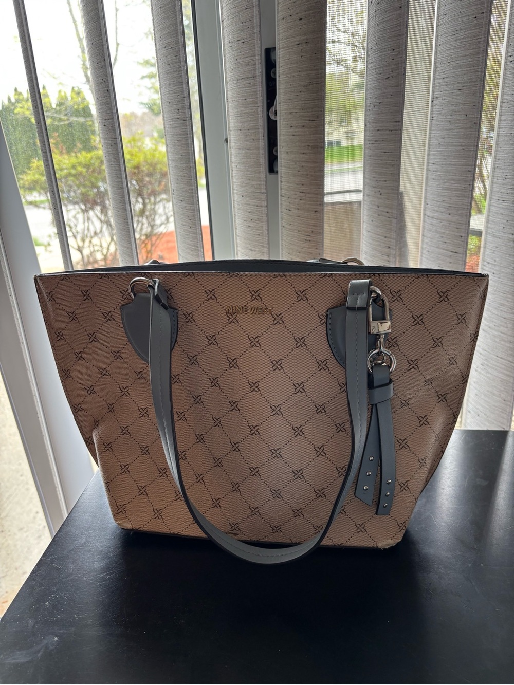 Nine West Taupe Tote Bag with Light Blue Accents